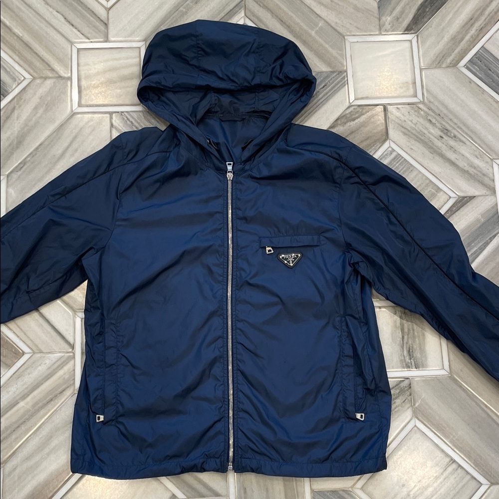 Prada Dark Blue Hooded polyester windbreaker with silver hardware